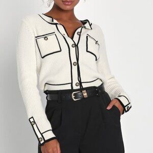 Lulus Impressively Iconic Ivory Waffle Knit Contrast Cardigan White - Size S